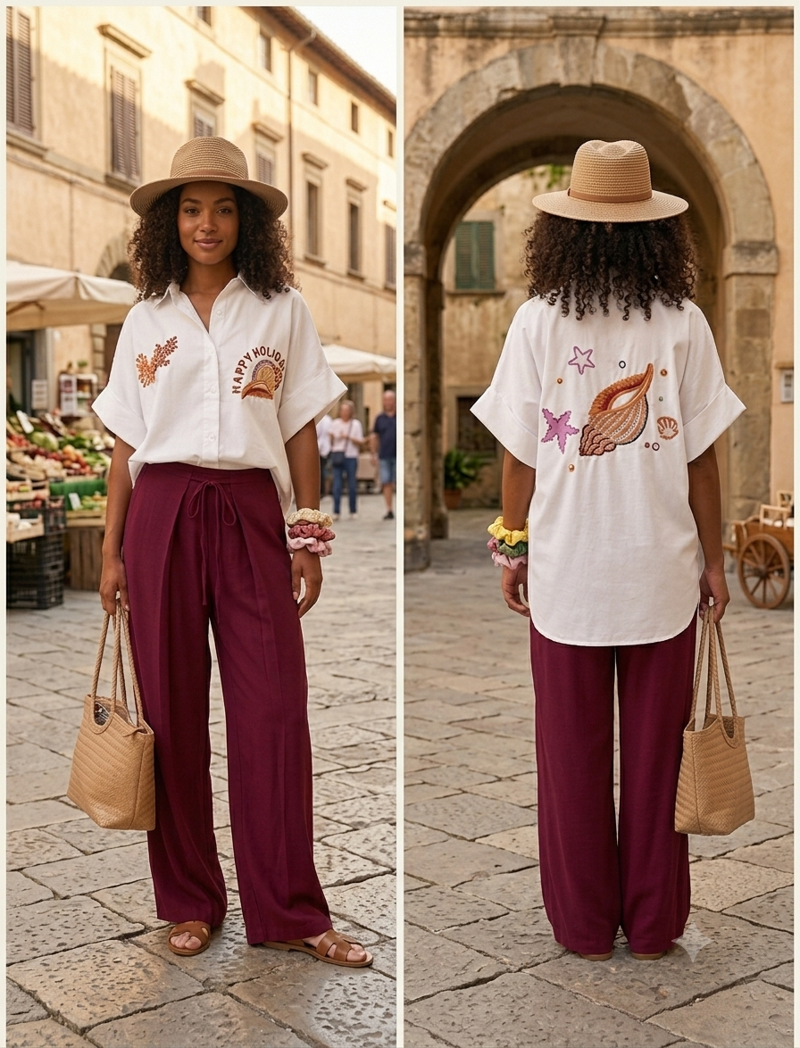 Bestickte Button-Down-Bluse mit maronenfarbener Wide-Leg-Hose