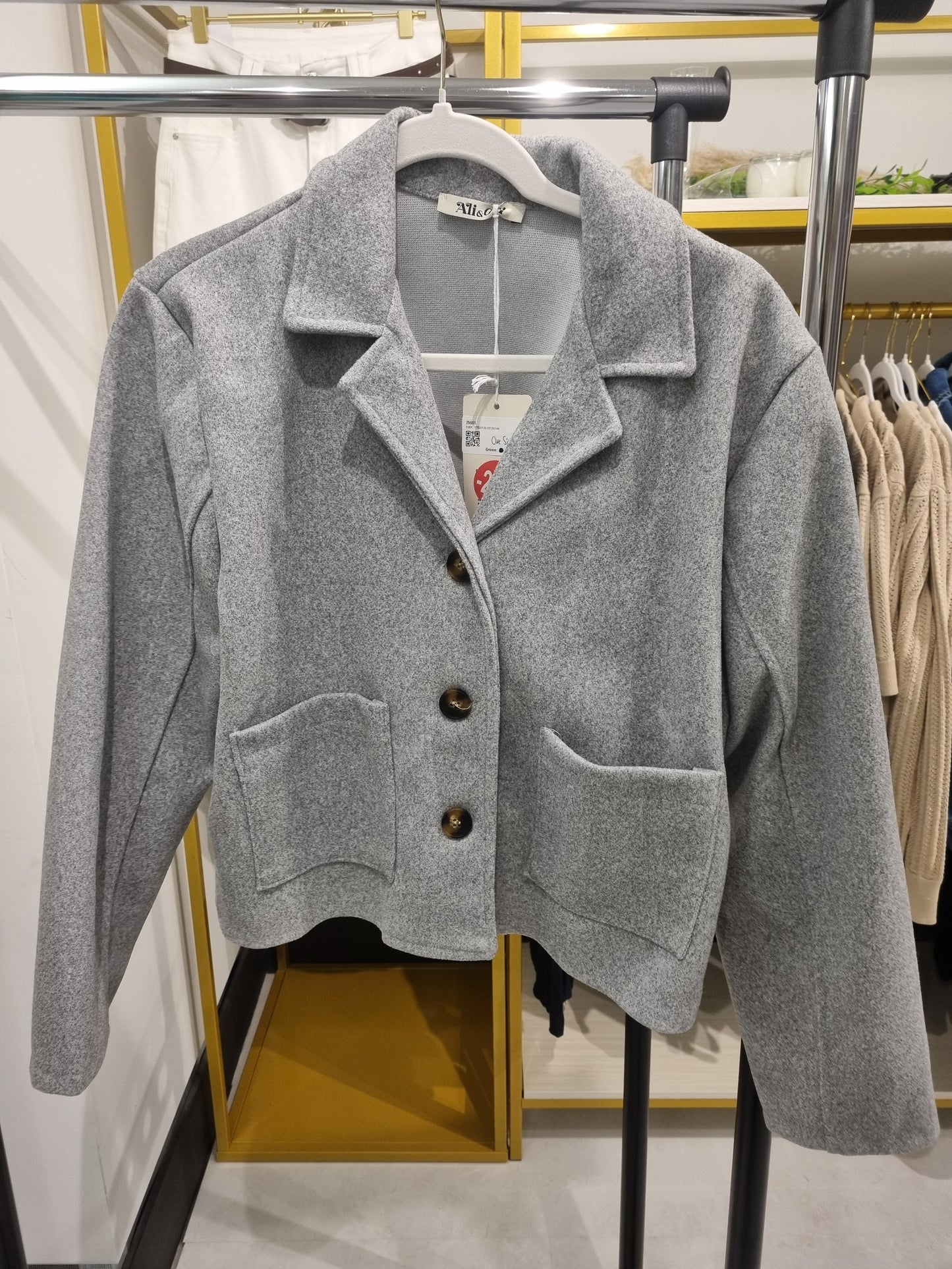 Graue Cropped Wollmix Jacke mit Kragen