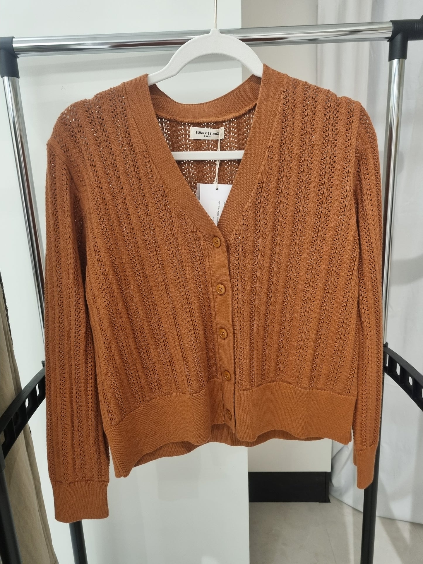 Rostbrauner Open-Knit Cardigan mit Rippstruktur