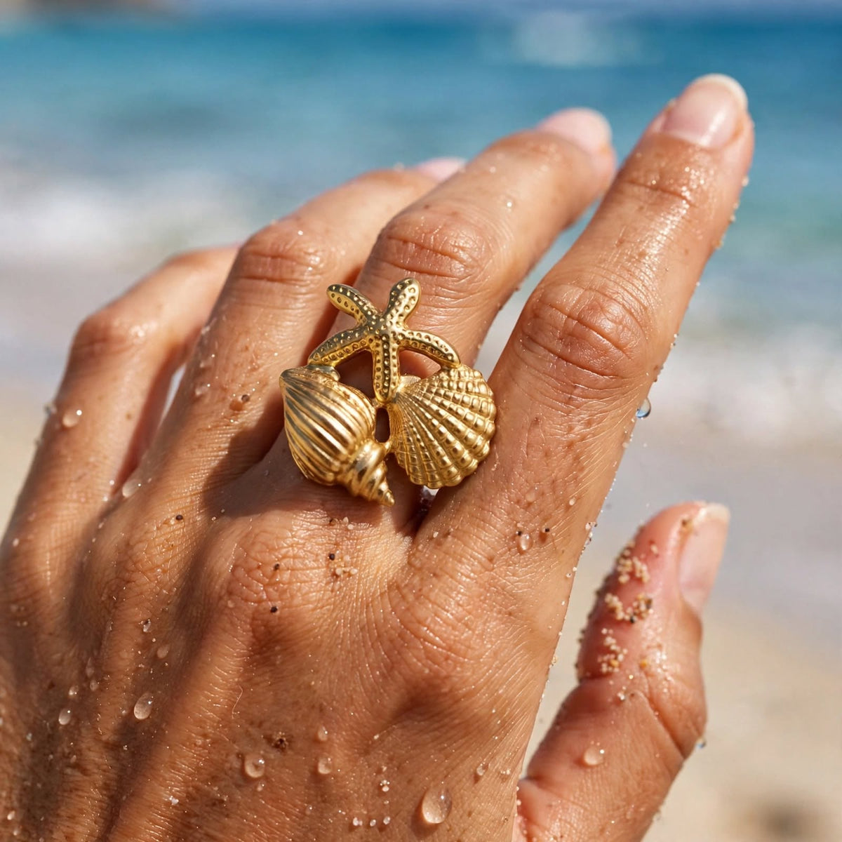 Nalu Ring – Wasserfester Seestern & Muschel Ring vergoldet