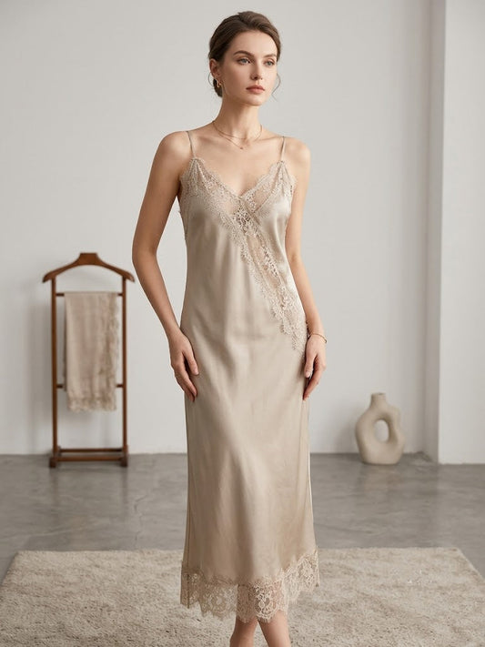 Champagnerfarbenes Satin Spitzen Asymmetrisches Kleid