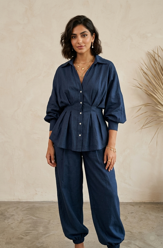 Blaues Plissiertes Baumwoll-Popeline Hemd mit Hose