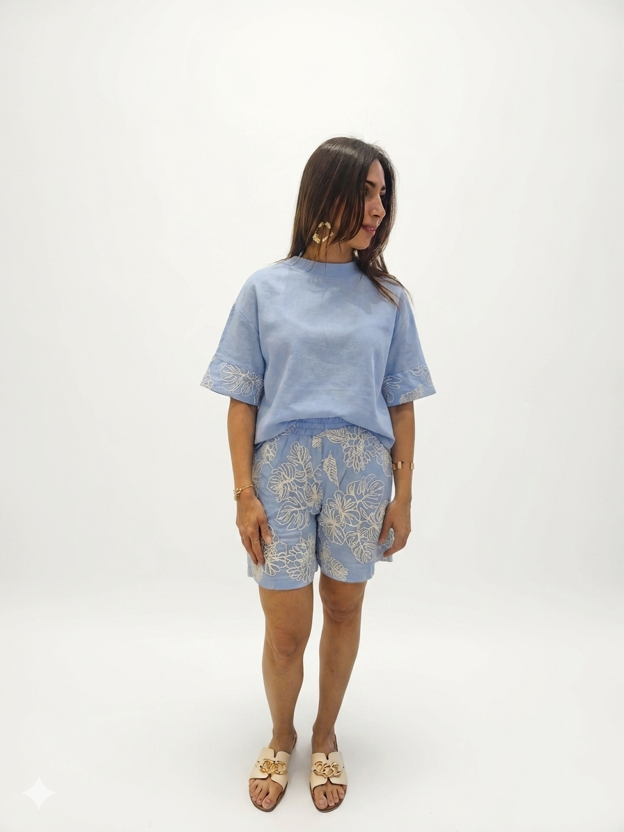 Leinen-Blusen-Set mit besticktem Shorts