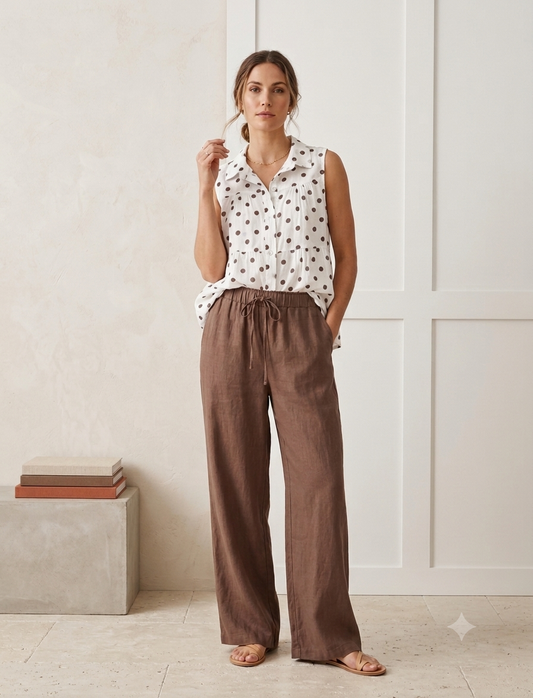 Leinen Wide-Leg Hose mit Kordelzug & Polka-Dot Bluse Set