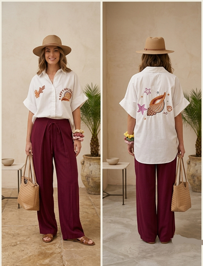 Bestickte Button-Down-Bluse mit maronenfarbener Wide-Leg-Hose