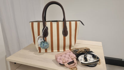 Gestreifte Canvas Tote Bag mit braunen Henkeln