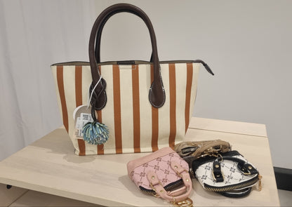 Gestreifte Canvas Tote Bag mit braunen Henkeln