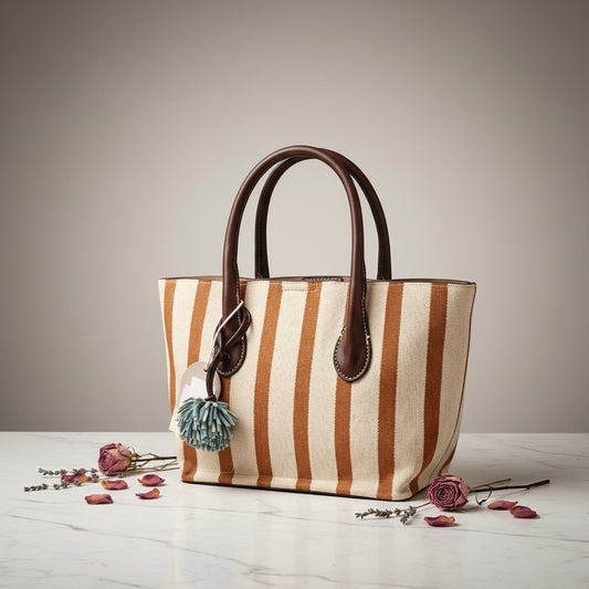 Gestreifte Canvas Tote Bag mit braunen Henkeln