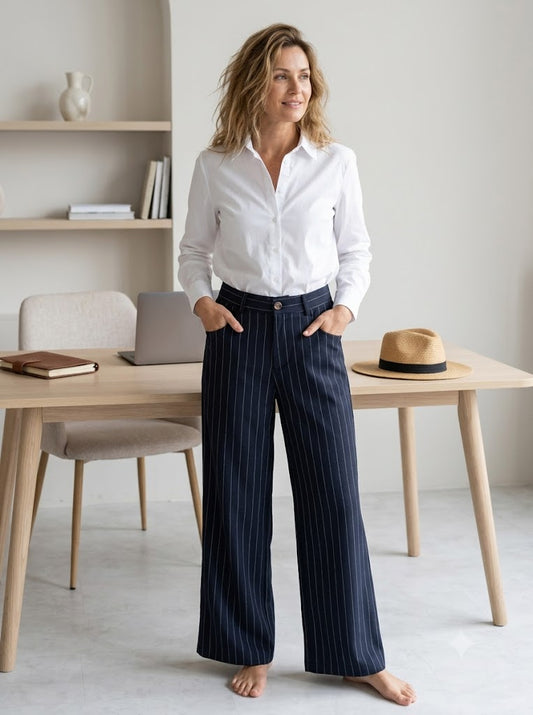 Dunkelblaue Pinstripe Wide-Leg Hose