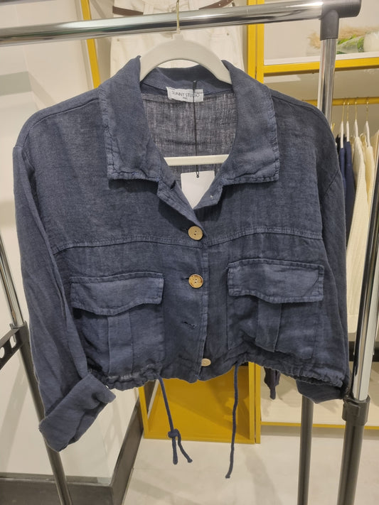 Dunkelblaue Cropped Leinenjacke mit Taschen