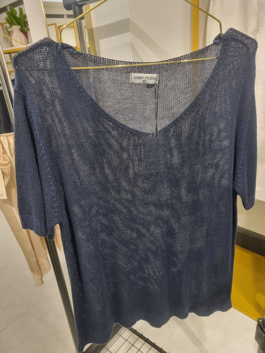 Dunkelblauer leichter V-Ausschnitt Strickpullover