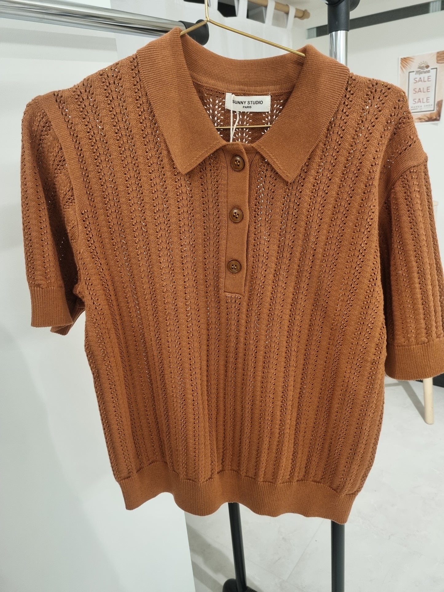 Braunes Open-Knit Polo-Shirt mit Strukturmuster