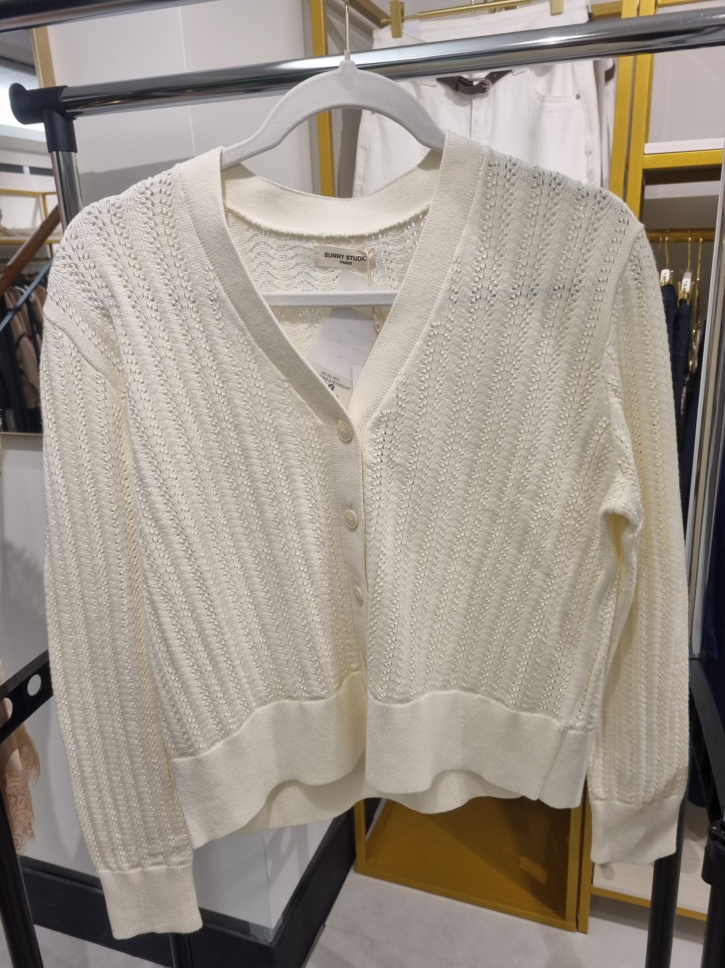 Weißer V-Ausschnitt Strick-Cardigan im Mesh-Design