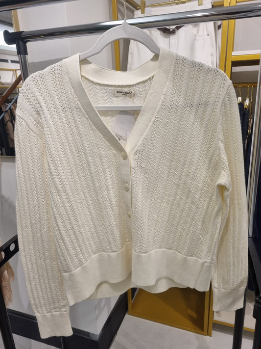 Weißer V-Ausschnitt Strick-Cardigan im Mesh-Design