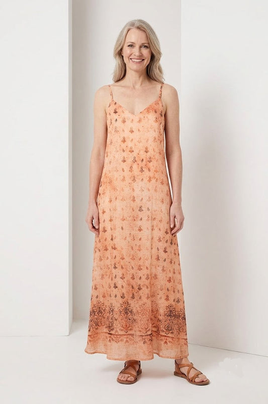 Pfirsichfarbenes Midikleid mit Blumenmuster