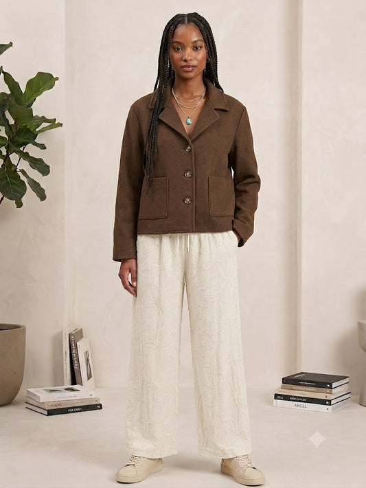 Braune Boxy Wolljacke mit Patch-Taschen