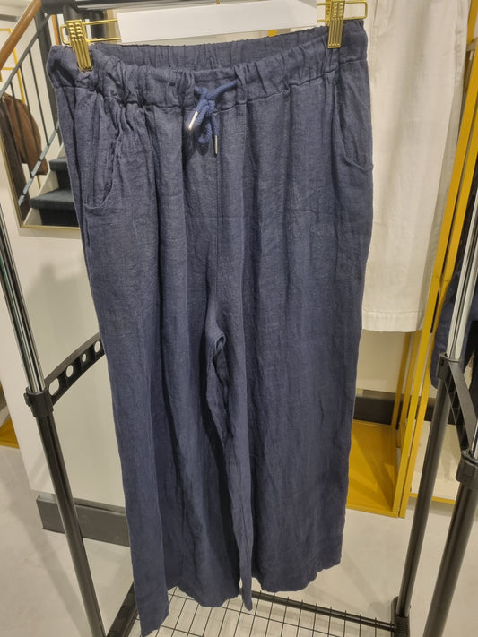 Blaue Leinen Wide-Leg Hose mit Kordelzug