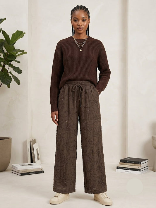 Braune High-Waist Wide-Leg Hose mit floraler Stickerei