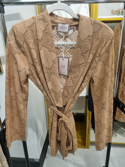 Beiger Gürtel-Cardigan mit Spitzenstruktur