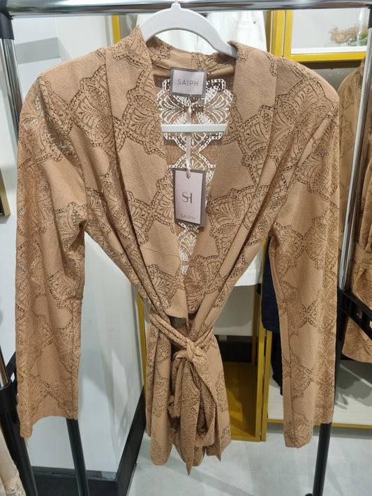 Beiger Gürtel-Cardigan mit Spitzenstruktur