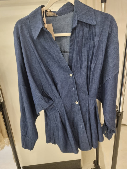 Denim Hemd mit Kragen und Taillenfalten