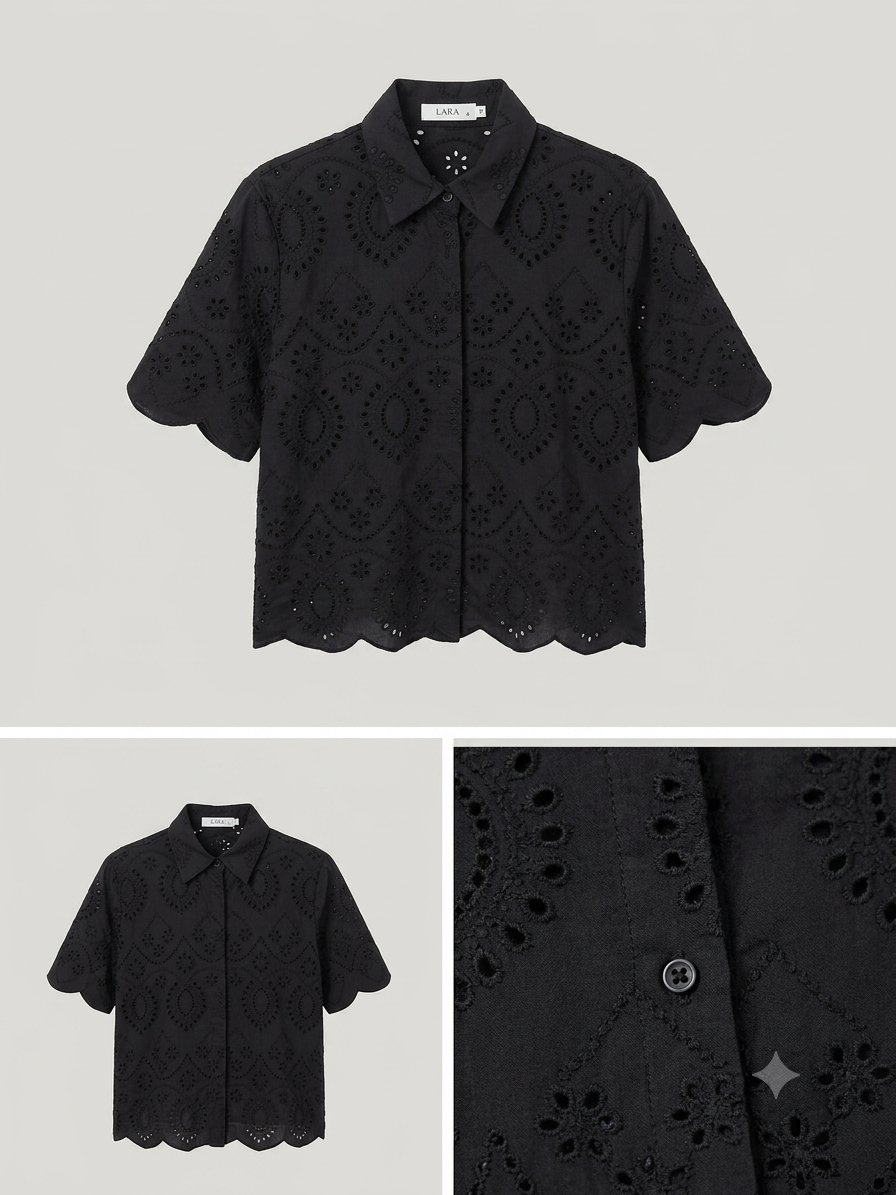 Weiße Baumwollbluse mit Broderie Anglaise & Wellenabschluss