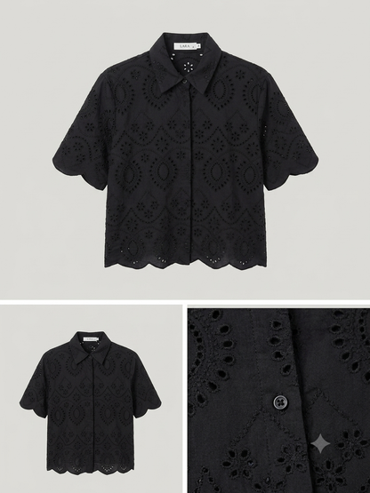 Weiße Baumwollbluse mit Broderie Anglaise & Wellenabschluss