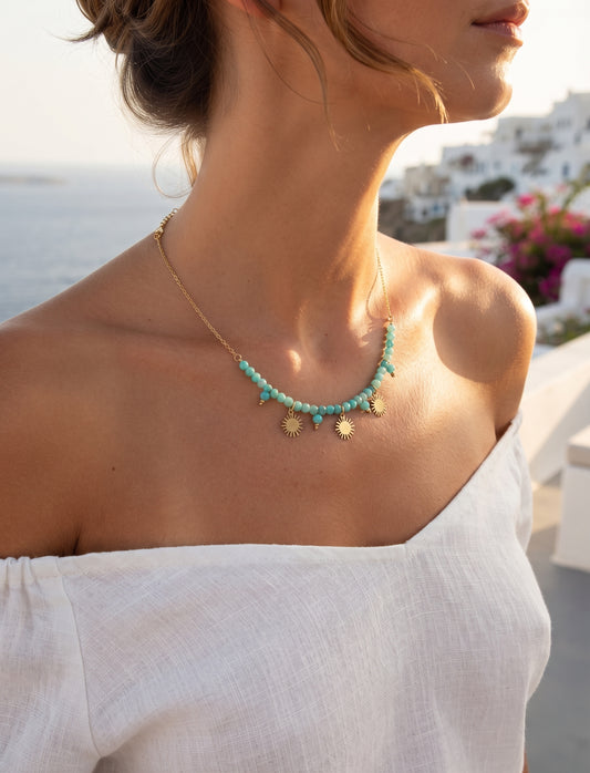 Solea Halskette – Wasserfeste Perlenkette mit Sonnen Charms, vergoldet
