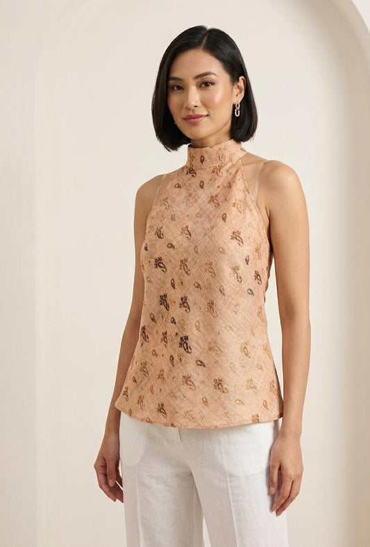 Beige Halter-Kurti mit Paisley-Print