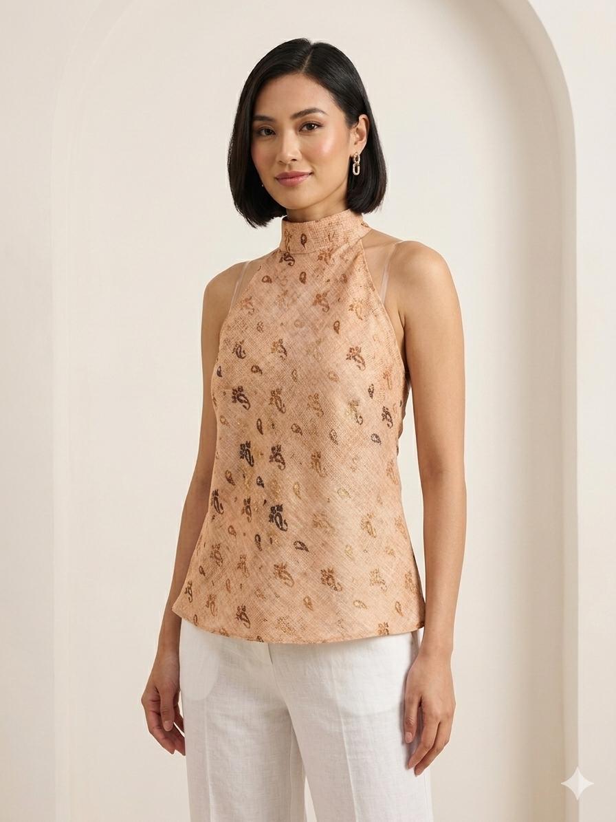 Beige Halter-Kurti mit Paisley-Print