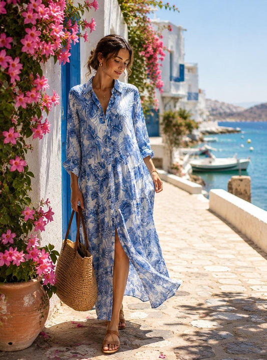 Shirtkleid mit V-Ausschnitt & Blattmuster