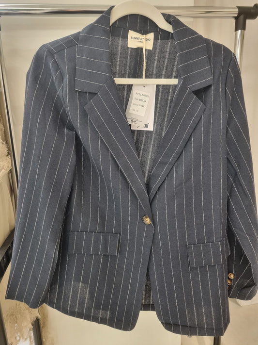 Dunkelblauer Nadelstreifen Blazer mit Ein-Knopf-Verschluss