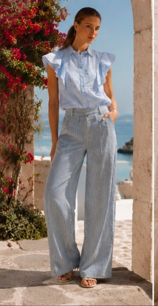 Gestreifte High-Rise Wide-Leg Hose Hellblauer Rüschen-Bluse