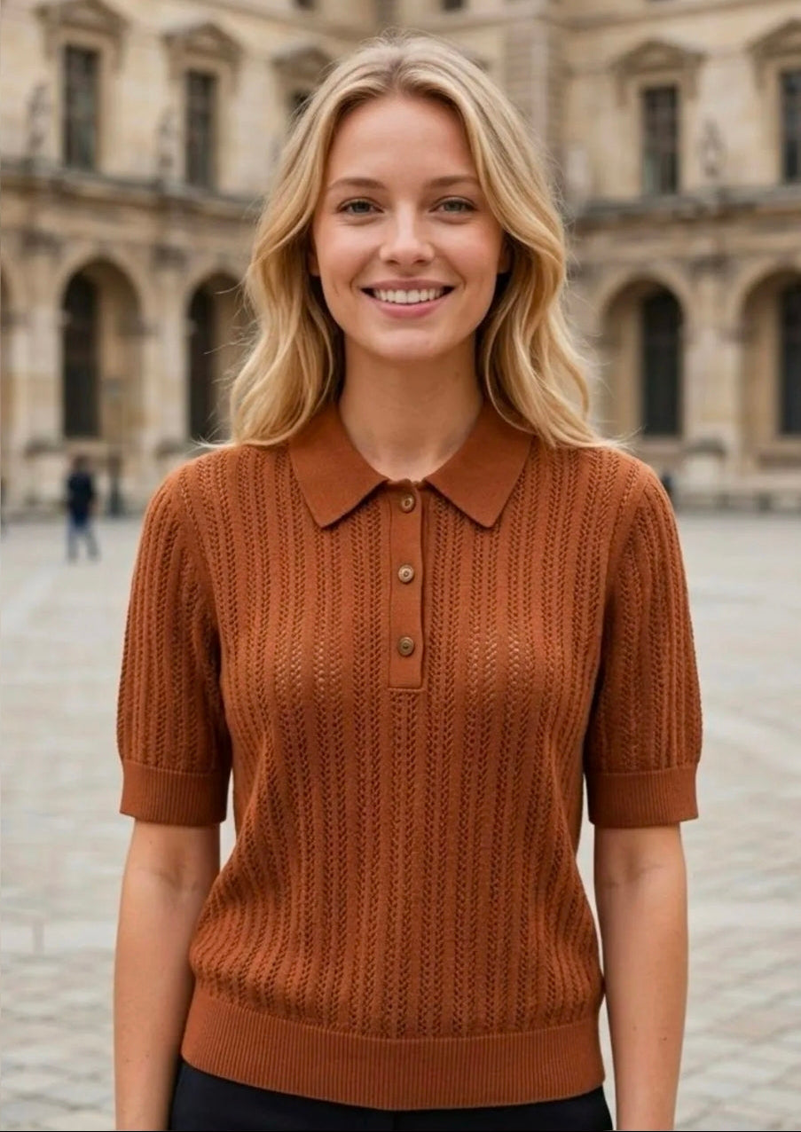 Braunes Open-Knit Polo-Shirt mit Strukturmuster