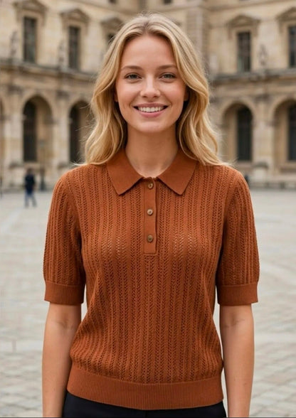 Braunes Open-Knit Polo-Shirt mit Strukturmuster