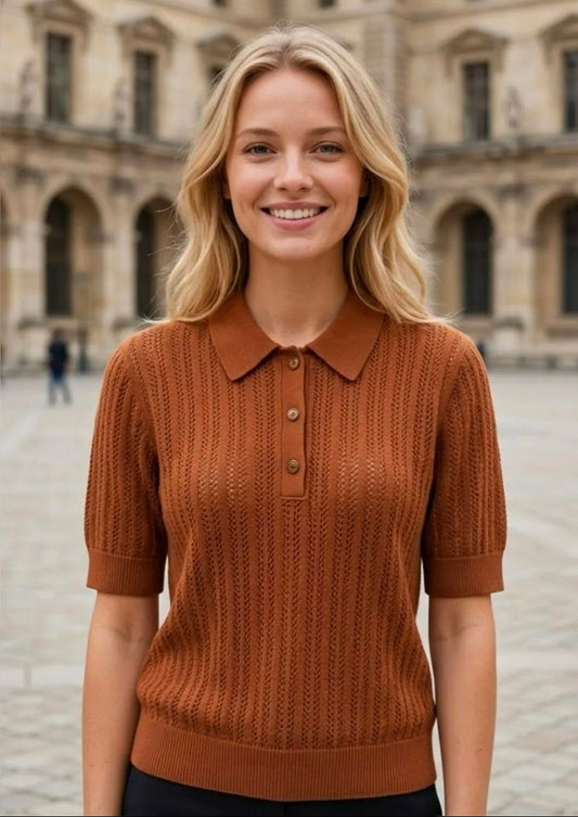 Braunes Open-Knit Polo-Shirt mit Strukturmuster