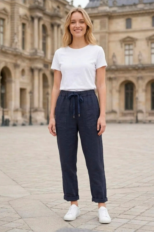 Blaue Leinen Wide-Leg Hose mit Kordelzug