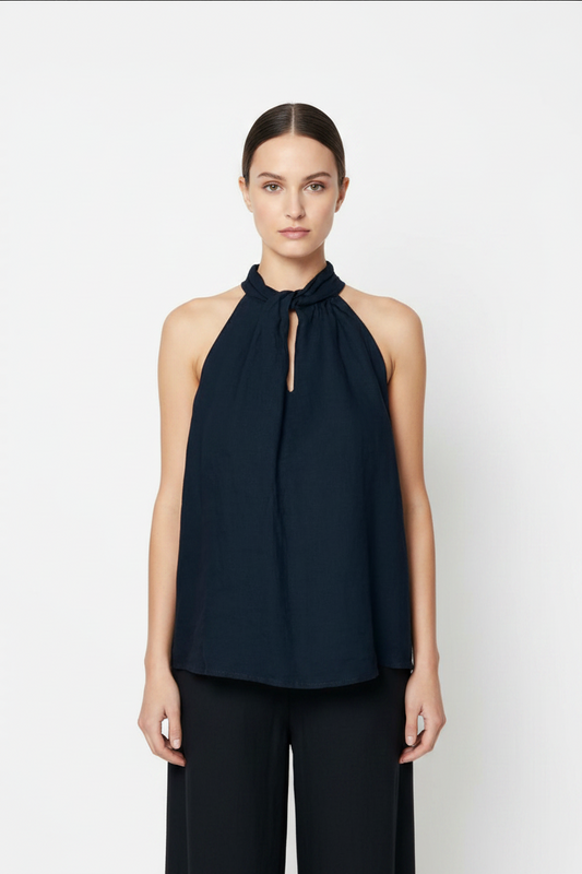 Halter Blu Leinen-Top in Marineblau