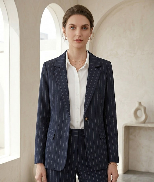 Dunkelblauer Nadelstreifen Blazer mit Ein-Knopf-Verschluss