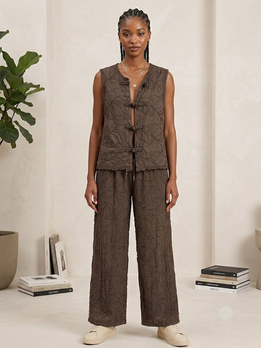 Braunes Leinenmix Waistcoat mit Knebelverschluss