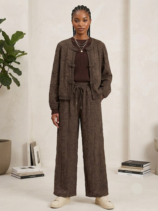 Braune Jacke mit Stickerei & Knotenverschluss