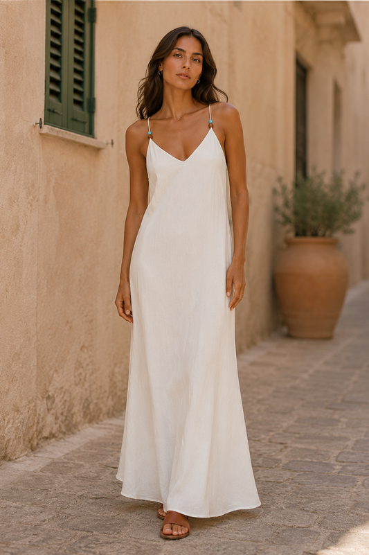 Panna Maxi-Spaghettikleid mit V-Ausschnitt in Weiß