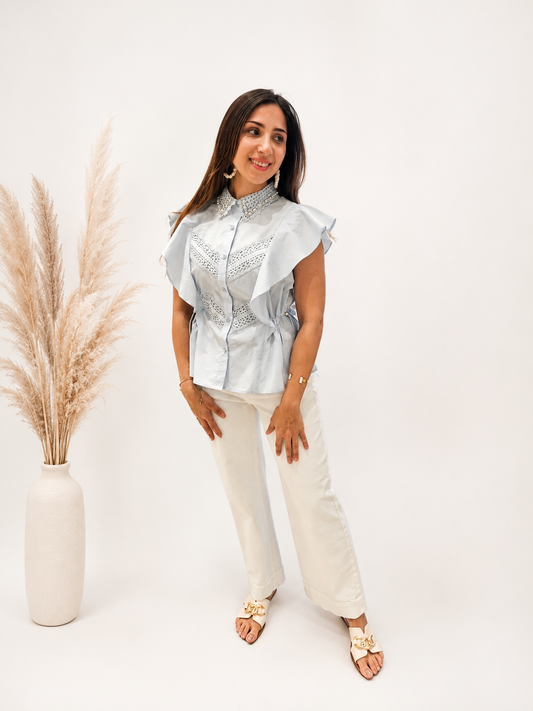 Gestreifte High-Rise Wide-Leg Hose Hellblauer Rüschen-Bluse