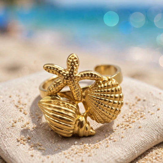 Nalu Ring – Wasserfester Seestern & Muschel Ring vergoldet