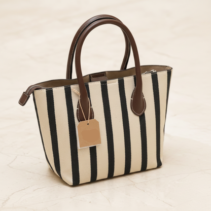 Gestreifte Canvas Tote Bag mit braunen Henkeln